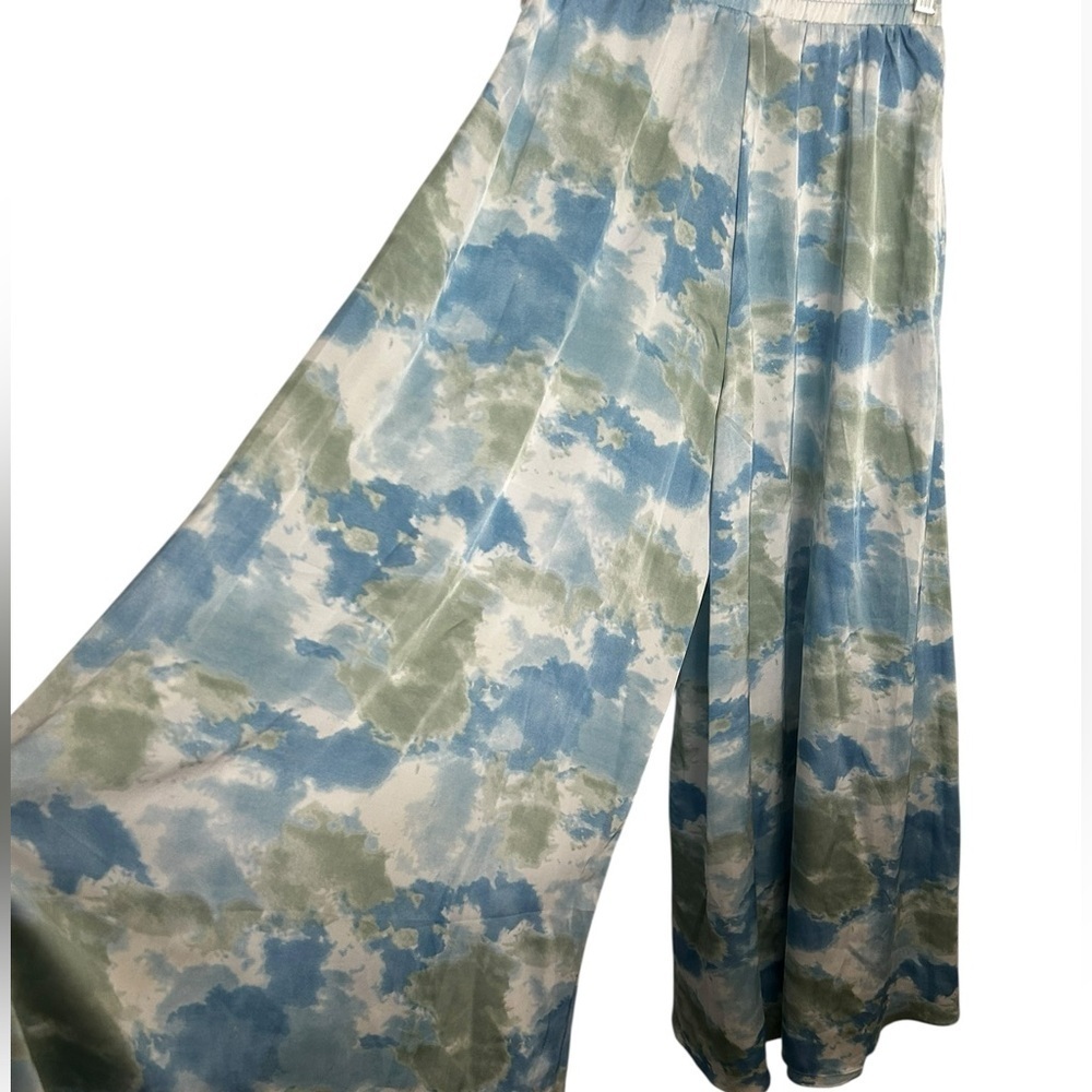 Aakaa Flowy Blue Green White Tie Dye Wide Leg Lounge Pants - Picture 2 of 5
